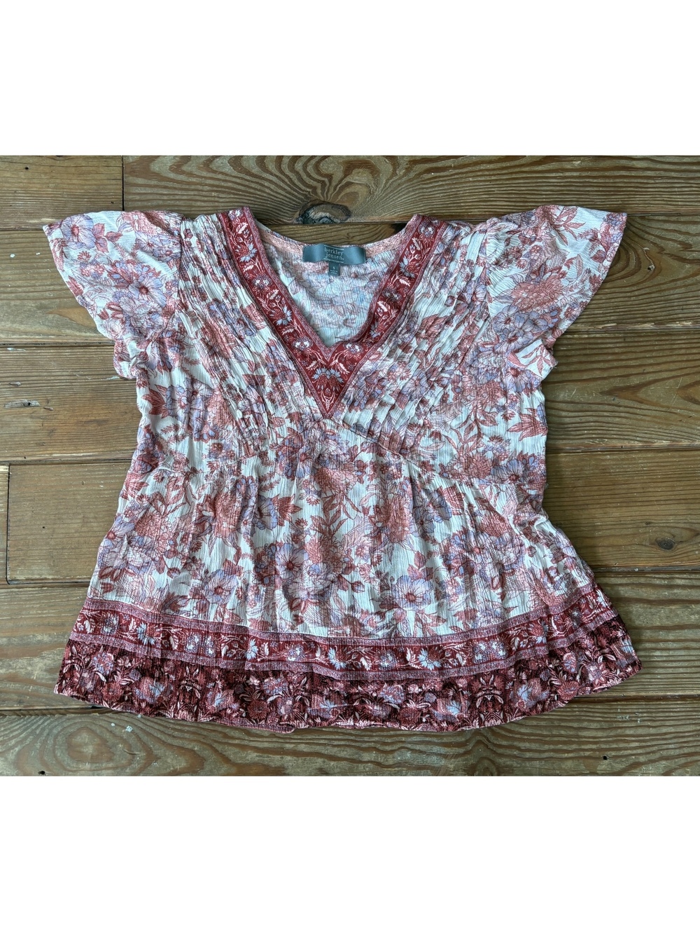 Berkley Jensen Women’s Small Floral Boho Peasant Blouse Pink Flutter Sleeve Top